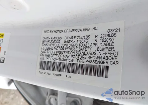 2021 Honda Accord Hybrid Ex z USA, uszkodzony, nr VIN 1HGCV3F42MA011559